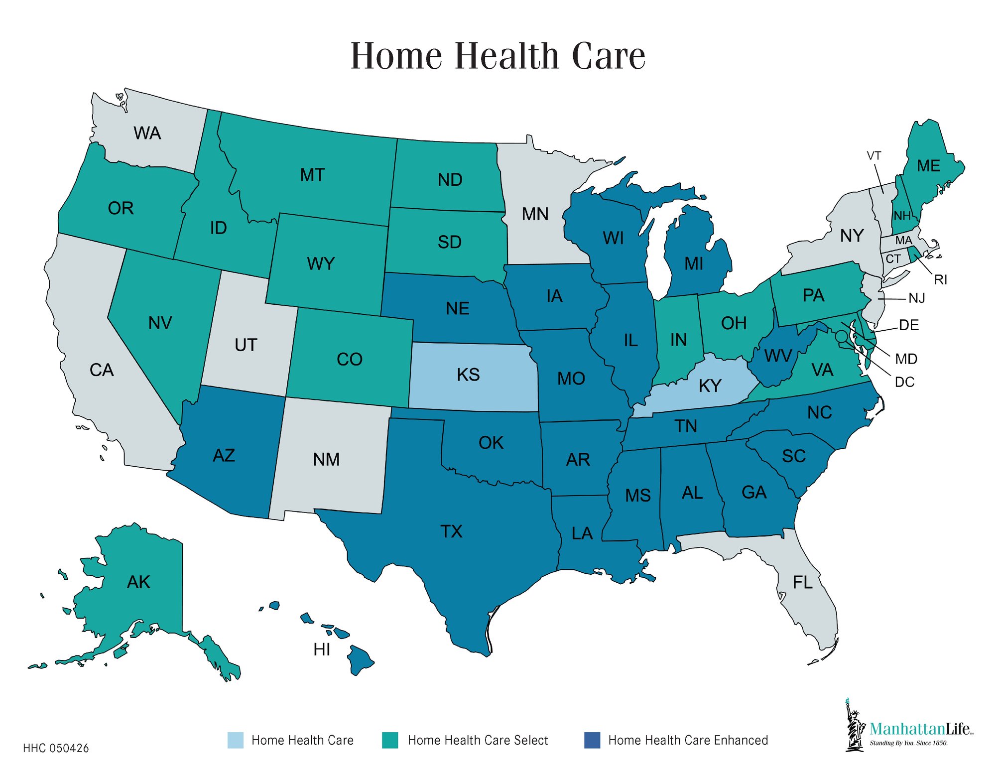 Map of the US with Home Health Care available states indicated