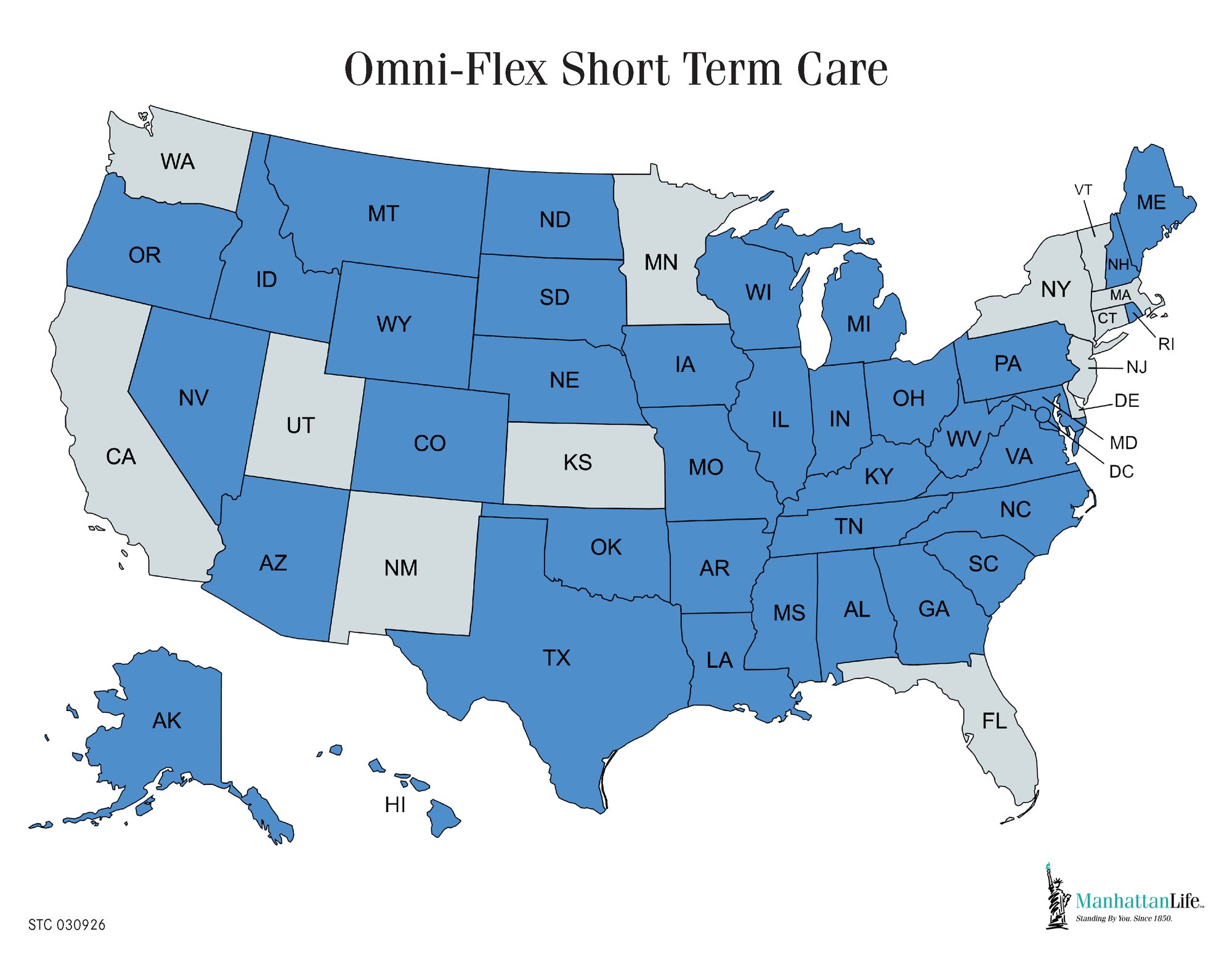 Map of the United States with OmniFlex Short Term Care available states in blue